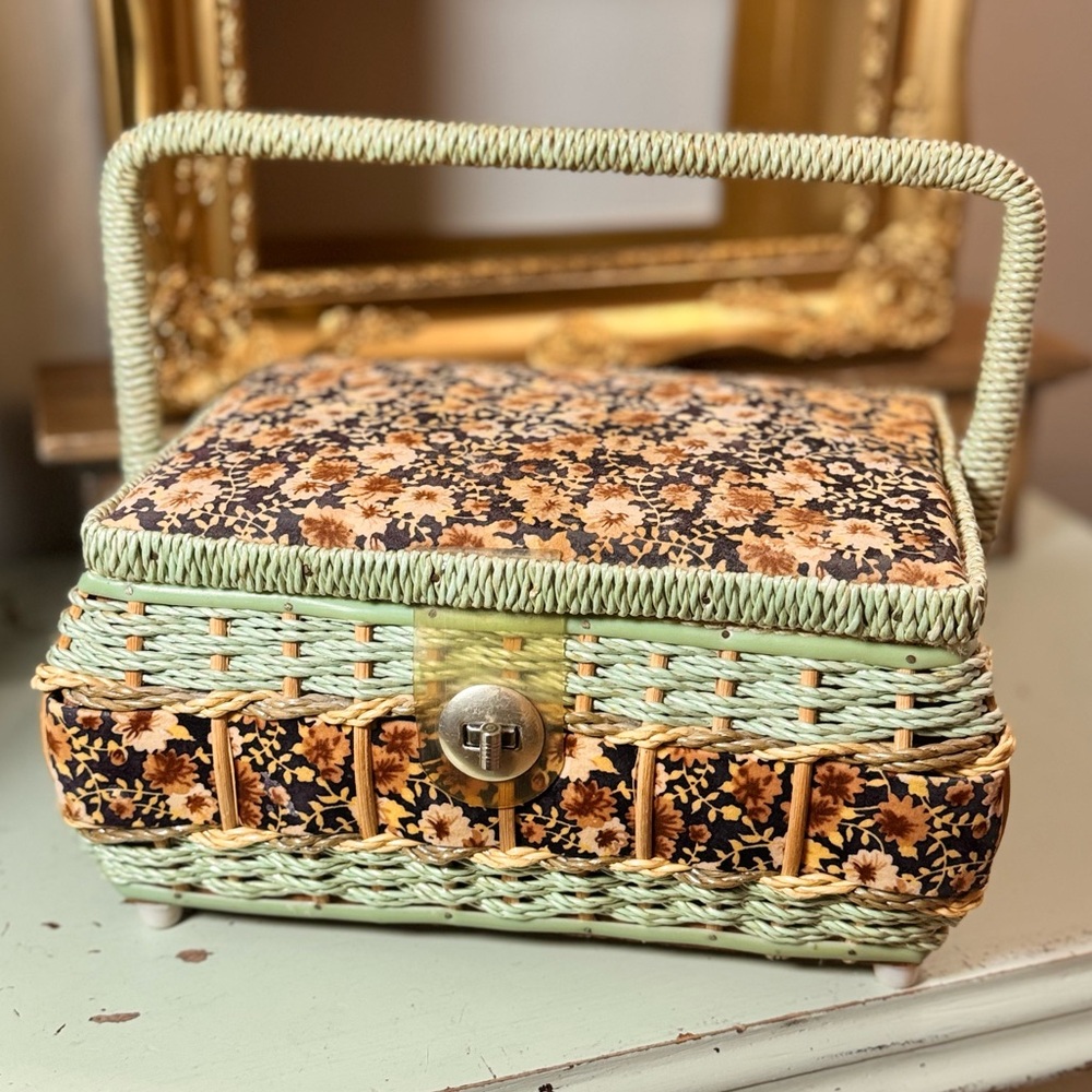 Vintage Wicker & Floral Velvet Sewing Basket, Retro Craft Storage MCM